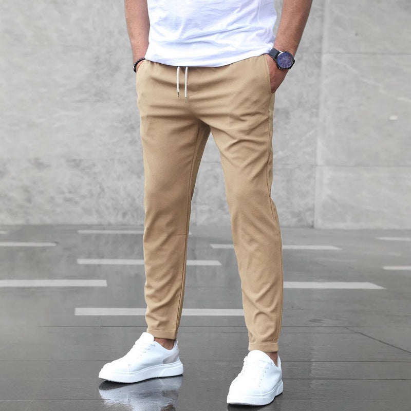 Men's Casual Drawstring Trousers Slim Fit Straight Leg Pants with Pockets Trendy