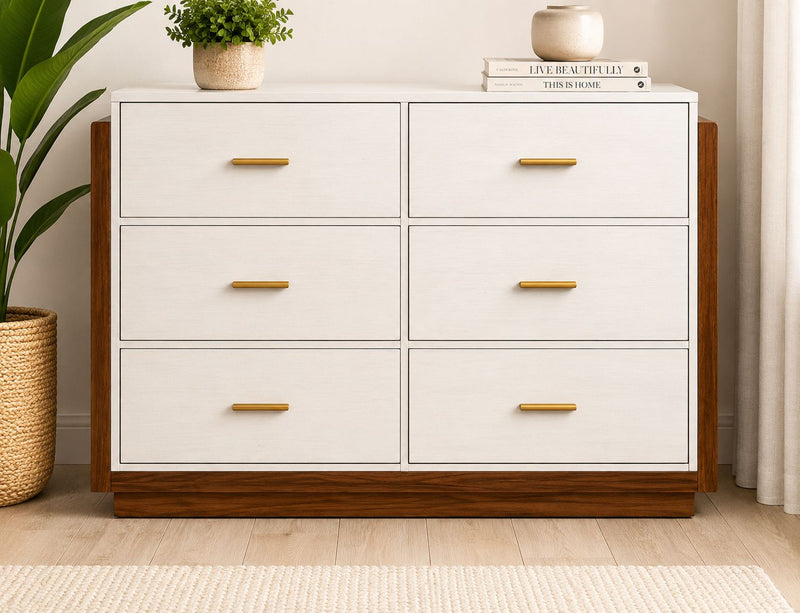 6 Drawer Chest of Drawers | Gold Bar Handles | Wide Bedroom Dresser & Storage Unit