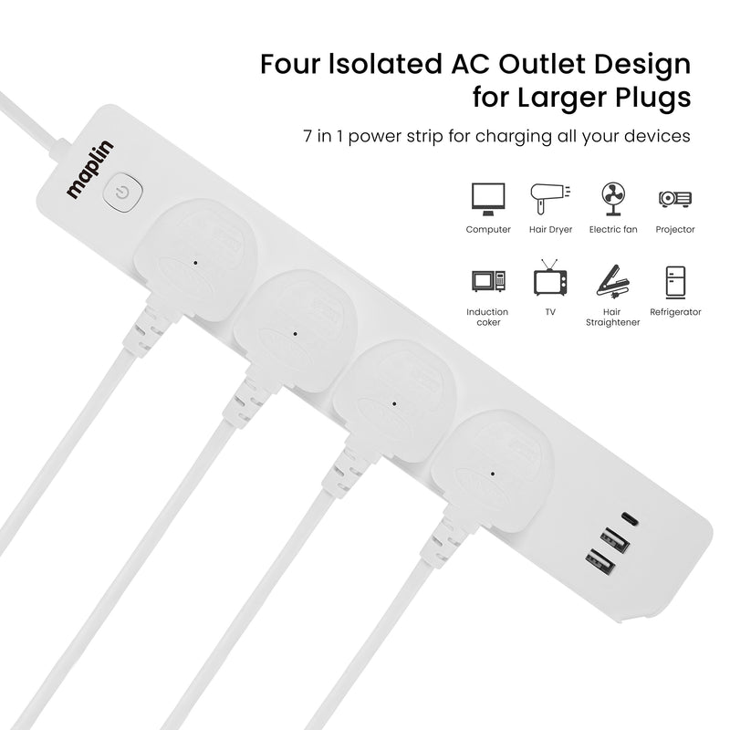 Maplin 1.8m 4 Socket 13 Amp Extension Lead with 2x USB-A / 1x USB-C Ports
