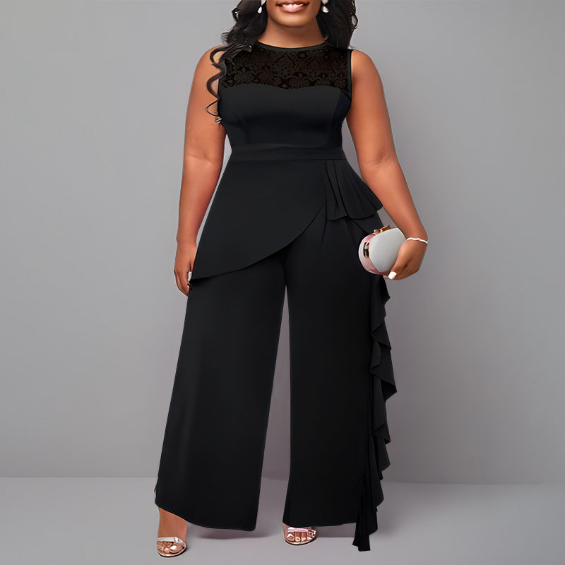 Solid-color Elegant Patchwork Loose-fitting Straight-leg Jumpsuit