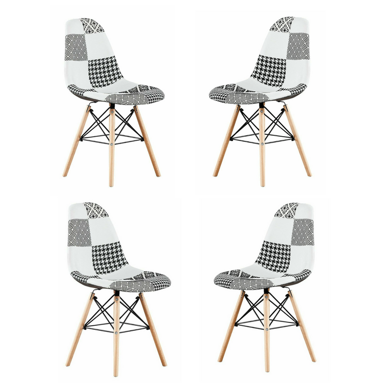 Black/White Patchwork Modern Dining Chair with Wooden Legs & Black Metal Wire Frame