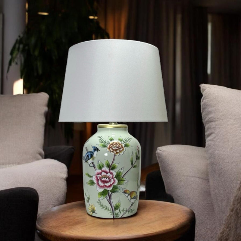 AcaciaHome 44cm Large Floral Ceramic Table Lamp with White Drum Shade, Decorative Bedside & Living Room Lamp, Modern Floral Pattern Ceramic Base, Corded Indoor Lighting for Bedroom, Lounge & Study