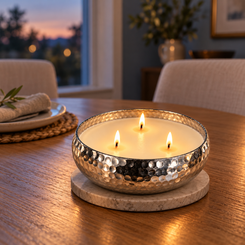 15cm Silver Hammered Bowl Candle – Apple & Cinnamon