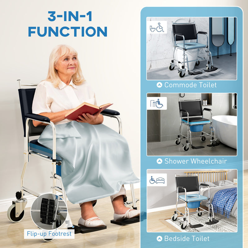 HOMCOM Shower Wheelchair, Commode Wheeled Chair with Padded Seat, Backrest