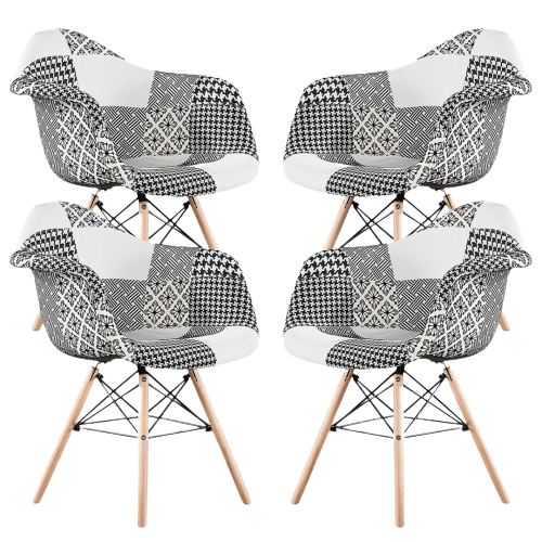 5-Piece Halo Dining Set - White Table & 4 Black/White Patchwork Armchairs