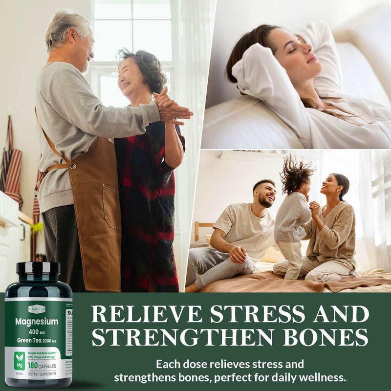 FAMILI+ Magnesium 400mg + 100mg Green Tea Extract | L-Theanine | 180 Vegan Capsules | Sleep, Stress & Muscle Support