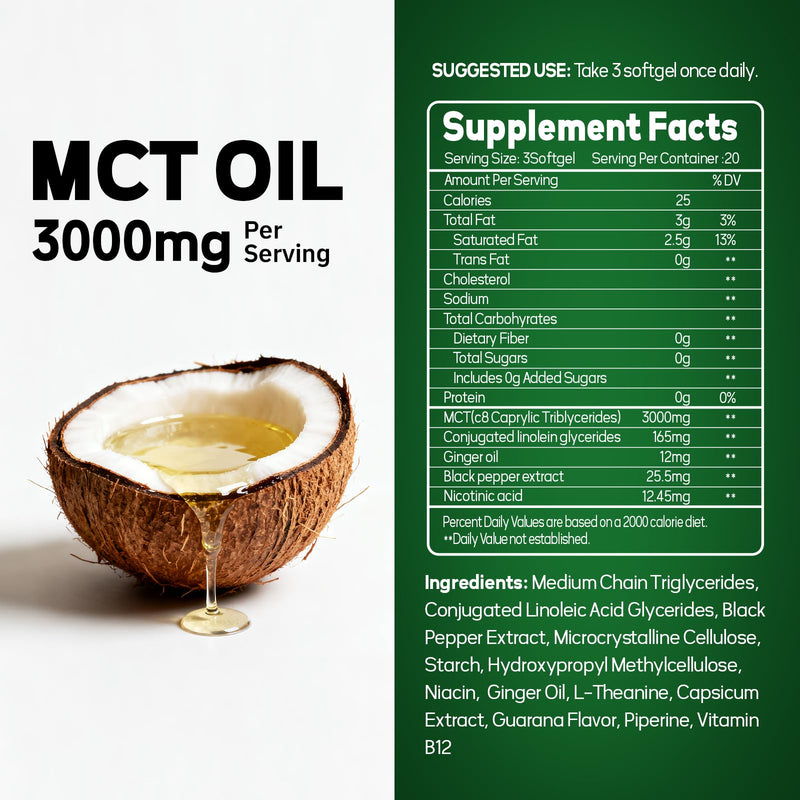 Faroromy MCT Oil Capsules 3000mg – 60 Softgels | Keto Friendly Supplement with CLA, L-Theanine, B12, Ginger Oil & Black Pepper – Non-GMO, Gluten-Free Coconut Source for Daily Wellness