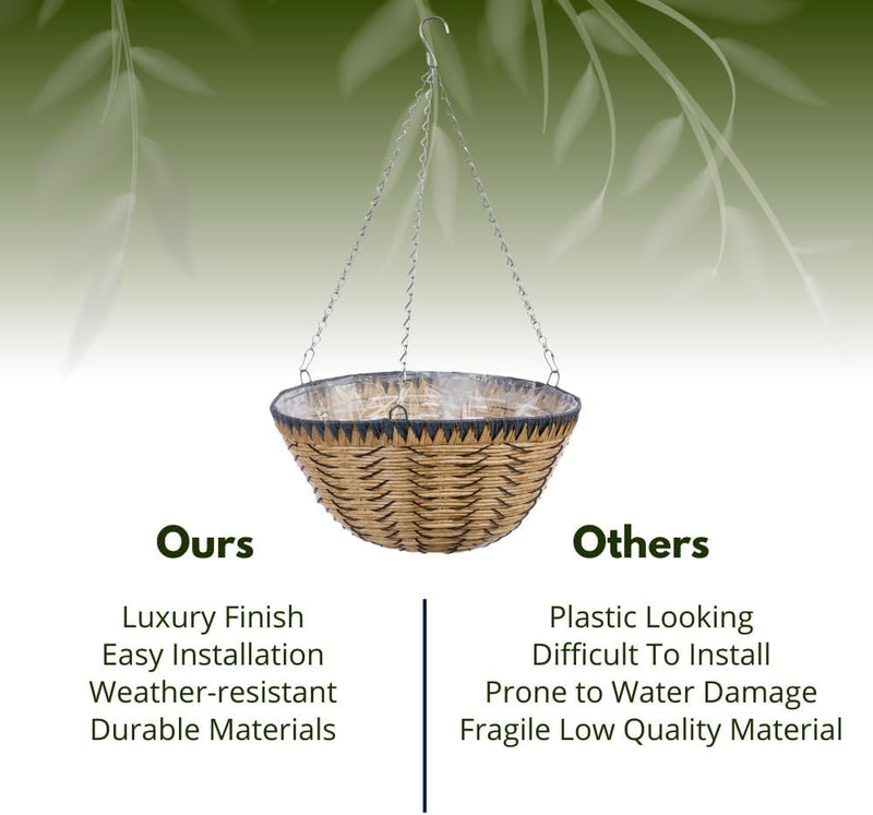 35cm Pre-Lined Rattan Hanging Basket Planter with Chain