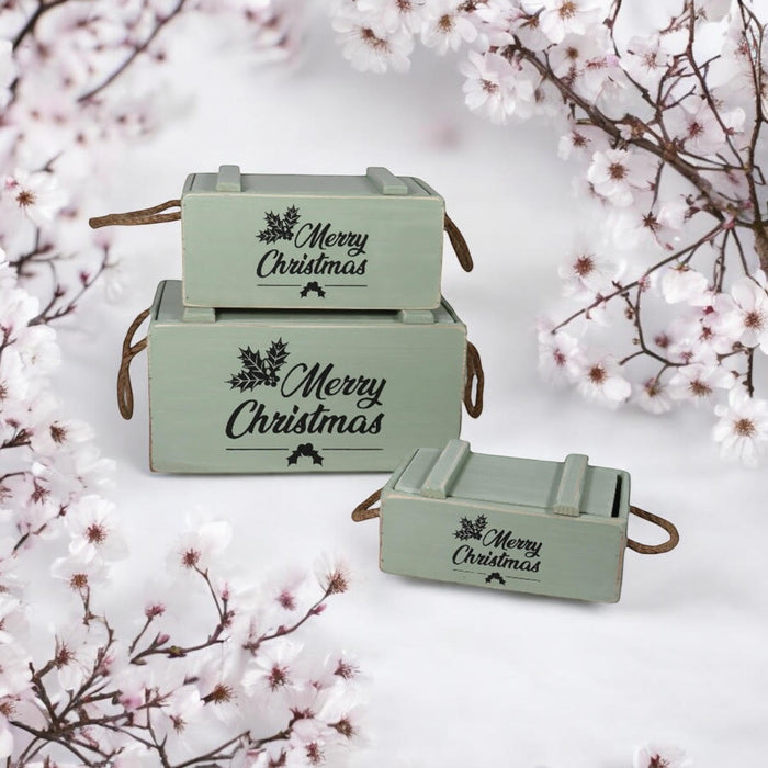 S/3 RUSTIC GREEN CRATES WITH LIDS ROPE HAN