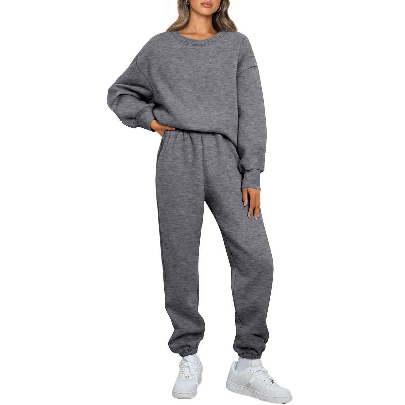 Winter Solid-color Fashionable Crew-neck Pullover With Fleece Lining