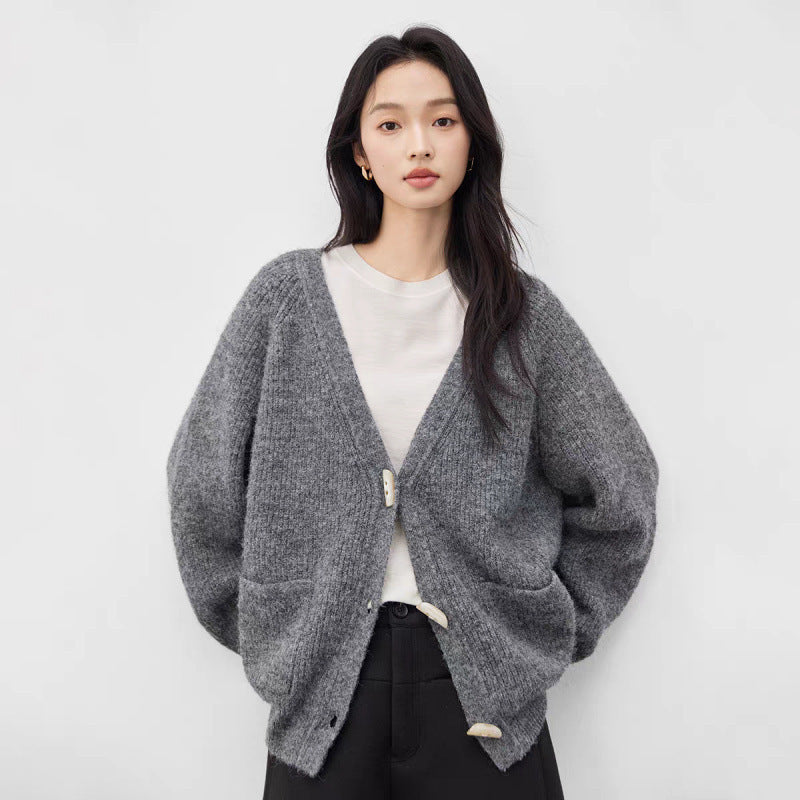 Winter New Horn Button Loose Sweater Coat