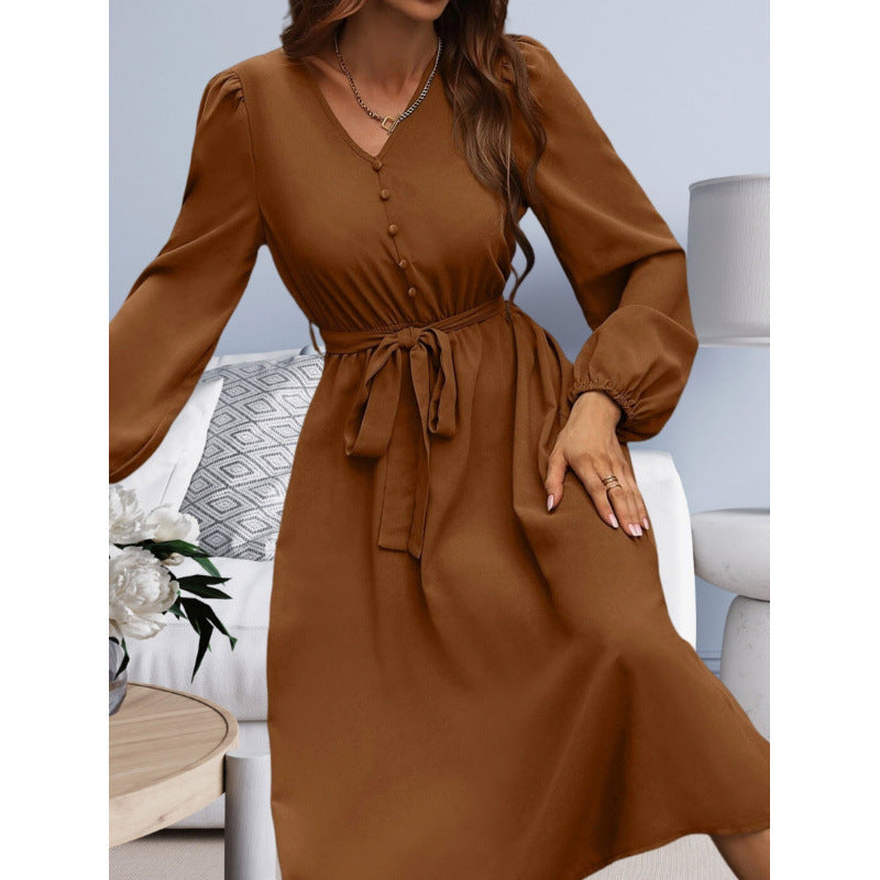 Solid-color Collar Long-sleeve Dress