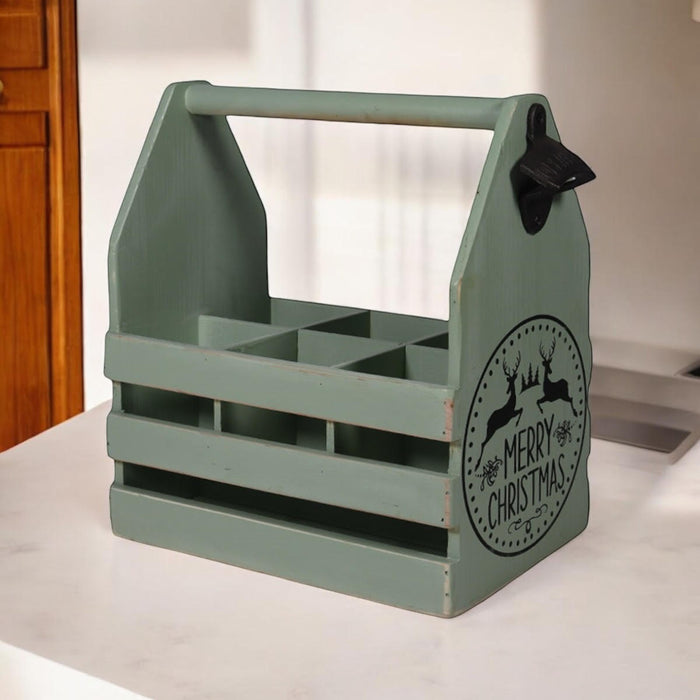 RUSTIC GREEN  6 BOTTLE HOLDER WITH OPENER