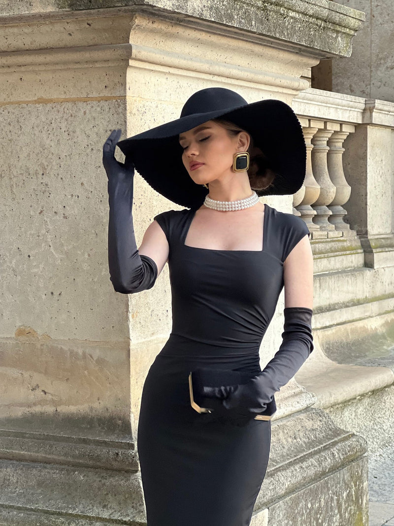 Black Square Neck Hip Wrap Dress With Gloves