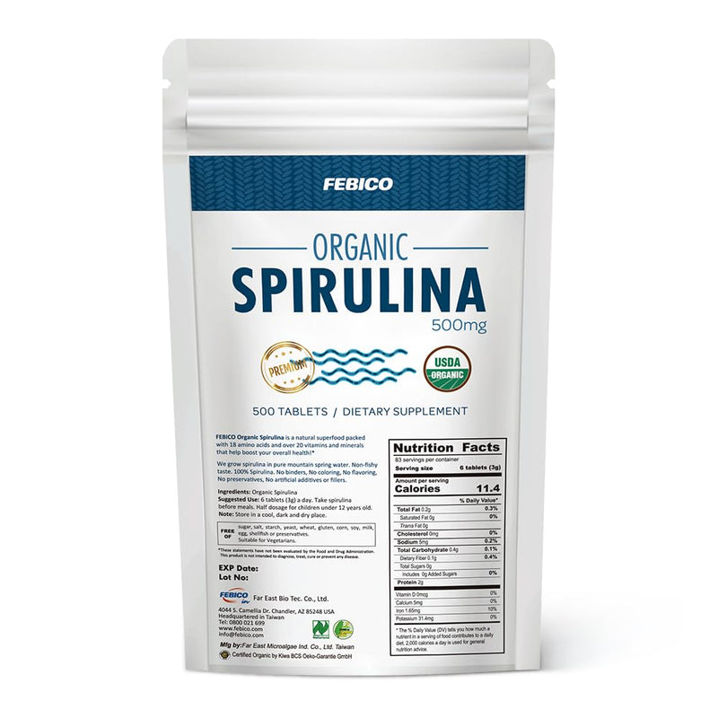 FEBICO Organic Spirulina Tablets 250g – 83 Days Supply | Vegan, Non-GMO, USDA, Naturland, Halal