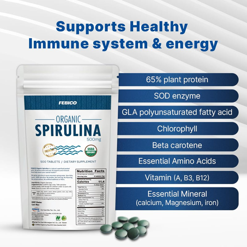 FEBICO Organic Spirulina Tablets 250g – 83 Days Supply | Vegan, Non-GMO, USDA, Naturland, Halal