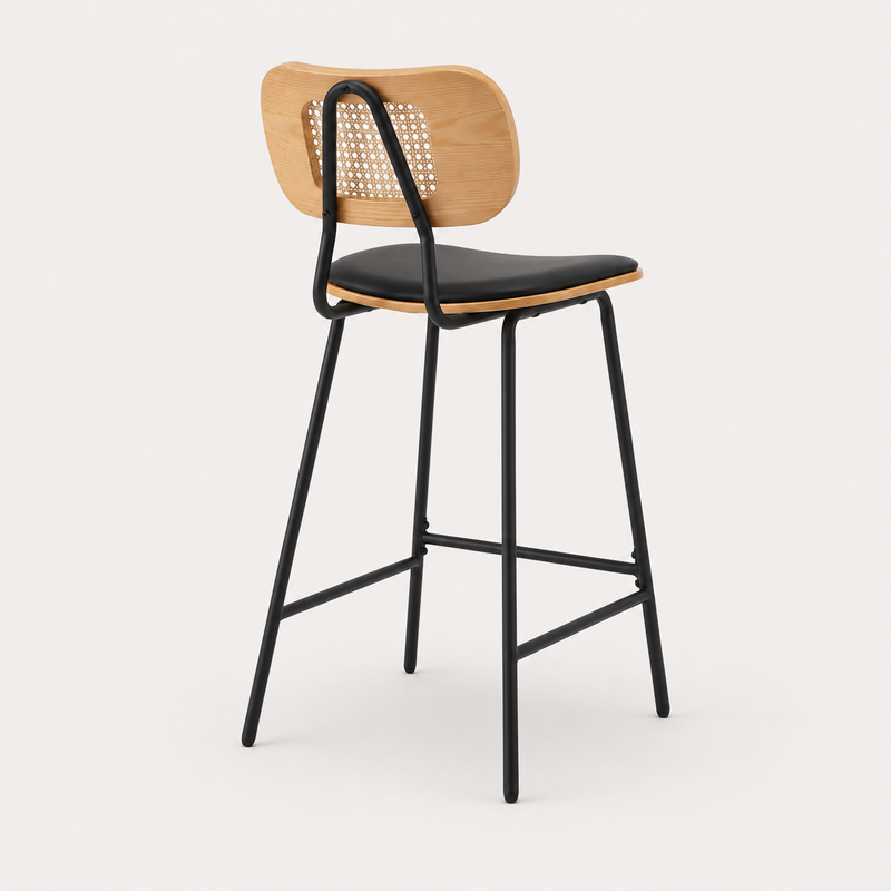 Sora Set of 2 Rattan Frame Black Bar Stools