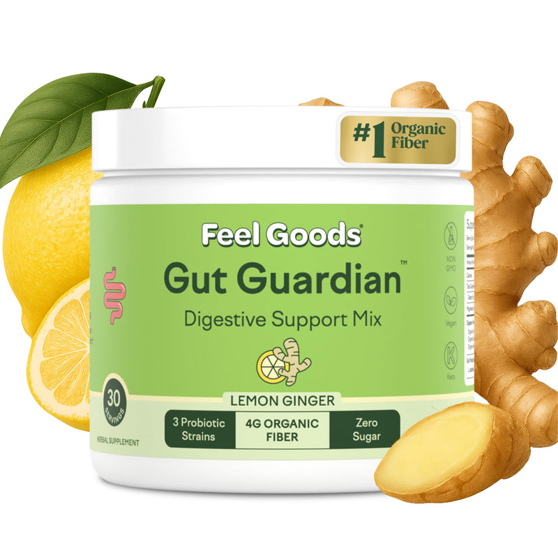 Feel Goods Gut Guardian: Organic Fiber, Probiotic & Prebiotic Powder – Lemon Ginger, Sugar Free, 30 Servings