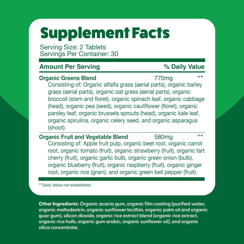 Feel Great Vitamins Super Greens Tablets – Organic Greens, Fruits & Veggies | 60 Tablets