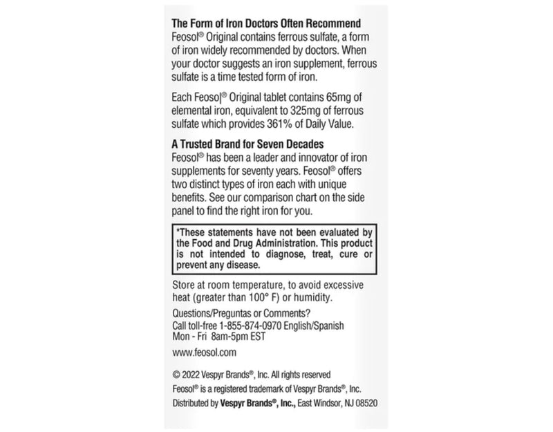 Feosol Original Ferrous Sulfate Iron Supplement - 120 CT (Pack of 3) | 65 mg Elemental Iron