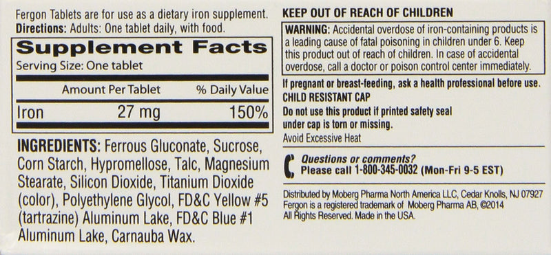 Fergon Iron Supplement – Iron Tablets, 100 Count (Pack of 3)