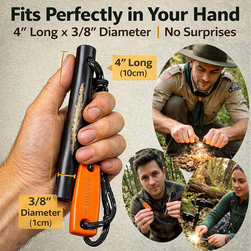 Ferro Rod Fire Starter Kit (10cm x ⌀1cm), Flint and Steel Striker, Fluorescent Paracord - 15,000 Strikes Firesteel Survival Tool for Hiking, Camping and Outdoor Emergency
