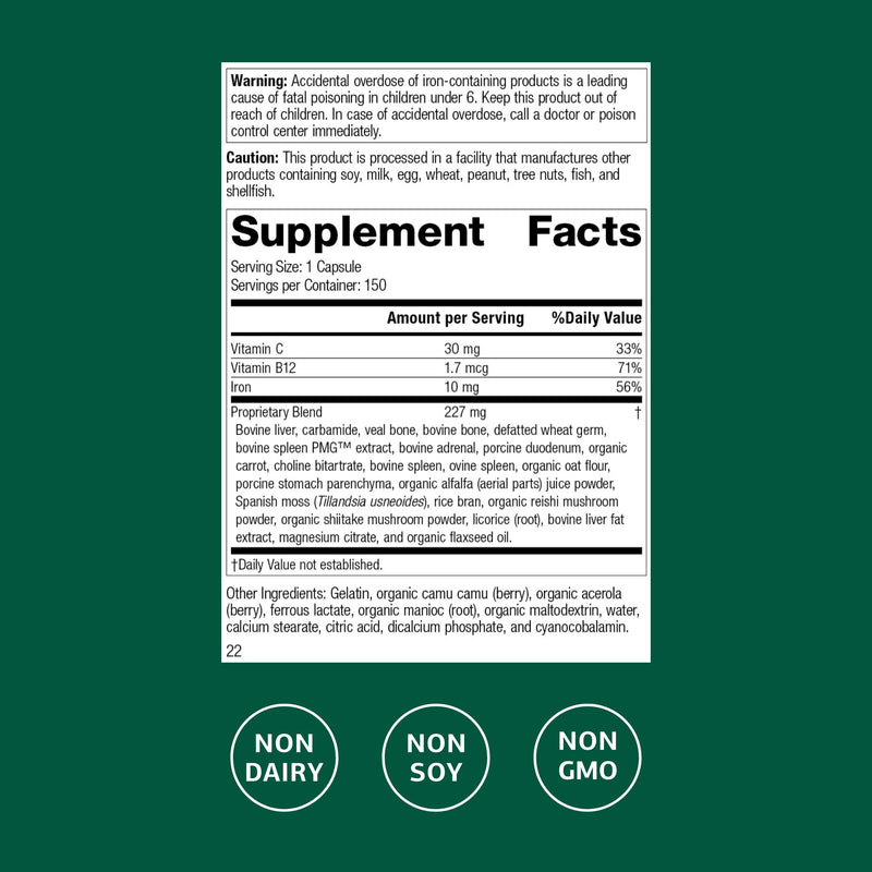 Standard Process Ferrofood - Blood Health Supplement with Iron, B12 & Vitamin C - 150 Capsules (40 Servings)