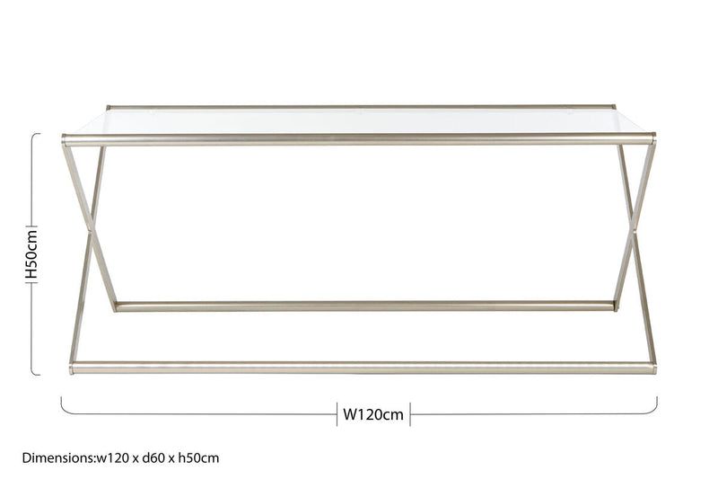 Tempered Glass Rectangular Coffee Table with Silver Cross Frame Design | Roma