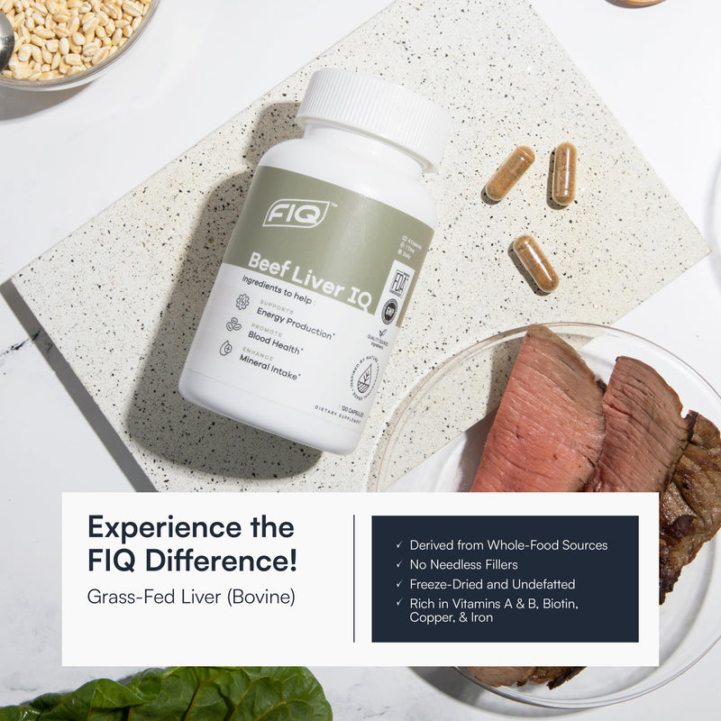 FIQ - Beef Liver IQ - Beef Liver Capsules - Supports Energy Production - Natural Iron, Copper, Vitamin A, & Vitamin B - High Absorption - 120 Capsules