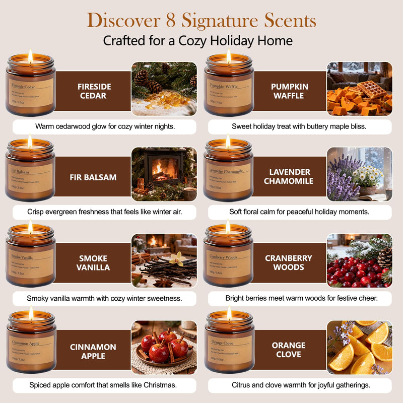 Holiday Candle Gift Set – 8-Pack Vintage Amber Glass Jars | Winter Scents