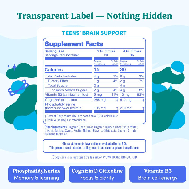 FIRST DAY Teen Brain & Focus Gummies (Ages 13–18) – Cognizin® Citicoline & Phosphatidylserine | Vegan, Non-GMO, Caffeine-Free | 30-Day Supply