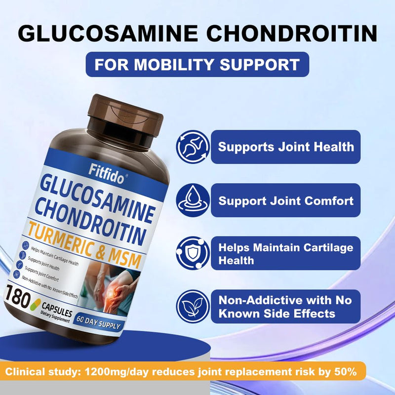 Fitfido Glucosamine Chondroitin MSM and Turmeric - Joint Health & Mobility, 180 Capsules