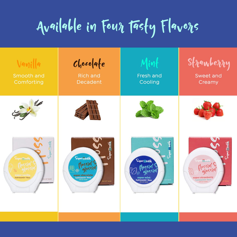 SuperMouth Fluoride-Free Expanding Floss – Nano-Hydroxyapatite + D3 & K2 | Plaque Removal & Enamel Support – 4 Flavors