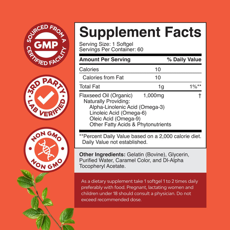 Flaxseed Oil 1000mg Softgels - High Potency Flax Seed Oil Softgels for Heart Health Digestion and Brain Support - Cold Pressed Organic Flaxseed Providing Plant Based Omega 3 6 9