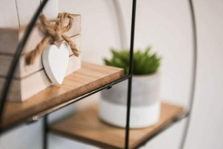 2 Tier Round Floating Wall Shelf Wood Effect Black Metal Frame