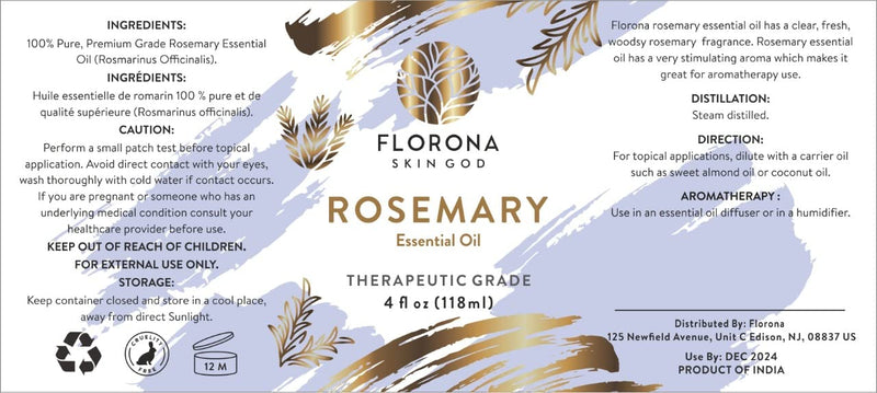 Florona Rosemary Essential Oil - 100% Pure & Natural, 4 oz | Hair & Skin Care, Aromatherapy