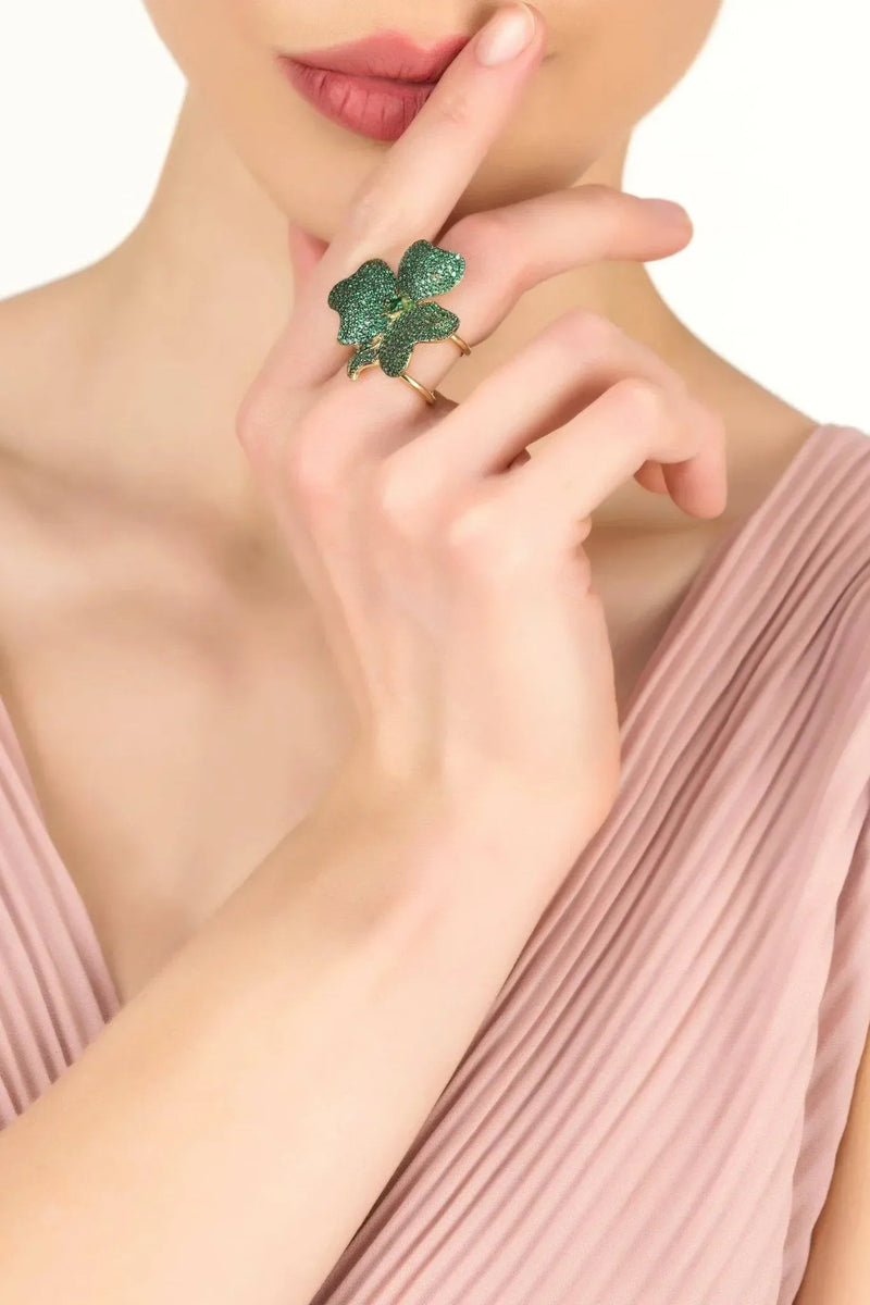 Flower Cocktail Ring Gold Emerald Green