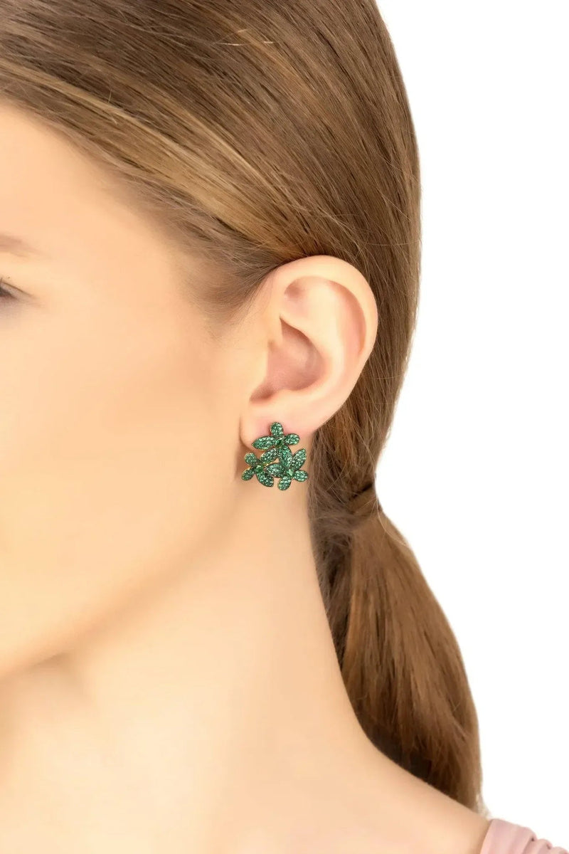 Flowers Large Stud Earrings Gold Emerald Green