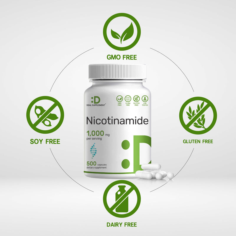 Vitamin B3 Nicotinamide 1,000mg Per Serving – 500 Capsules, Flush Free Niacin, Essential B3 – Supports Healthy Skin & Energy Production – Non-GMO
