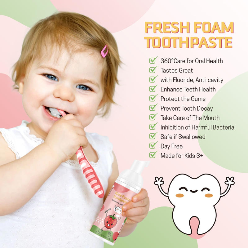 Foam Toothpaste Kids 2PCS – Strawberry Flavor, 60ml x 2, U-Shape & Electric Toothbrush Compatible