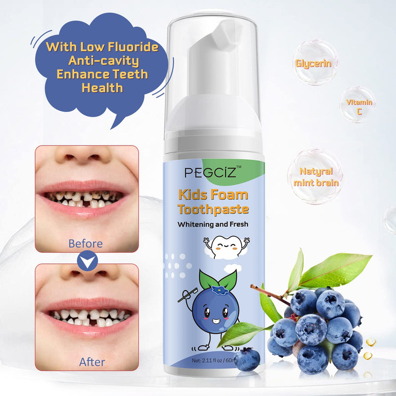 Foam Toothpaste for Kids – Blueberry, 2 Pack, Low Fluoride, U‑Shaped Brush