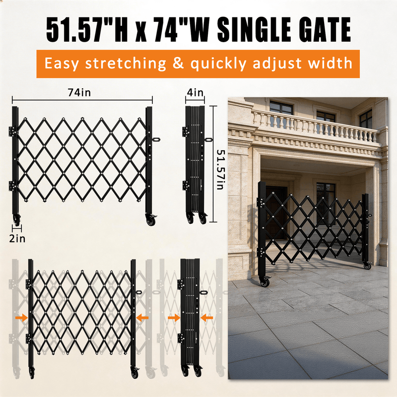 Foldable Security Gate, Expandable Safety Barrier with 360° Swivel Casters Lockable Design, Portable Mobile Rolling Barricade for Garage, Warehouse, Driveway and Pool Areas (51.57" H x 74" W) - InStock