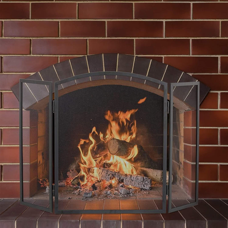 3 Panel Black Foldable Steel Fire Screen Guard 94 x 59cm