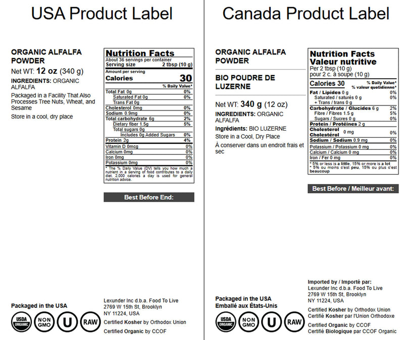 Food to Live Organic Alfalfa Powder 12 oz – Non-GMO, Vegan, Fiber & Protein