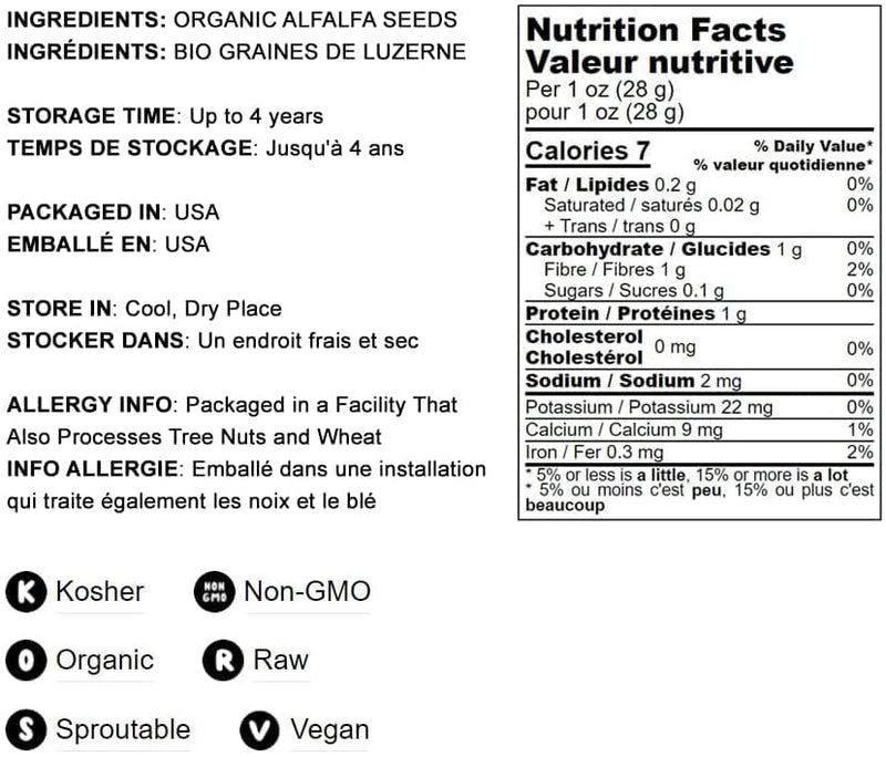 Food to Live Organic Alfalfa Sprouting Seeds - 8 oz, Non-GMO, Kosher, Raw
