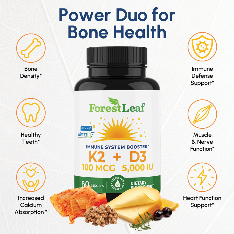 ForestLeaf Vitamin D3 + K2 (MK7) – MenaQ7, 5000 IU, 60 Veggie Capsules