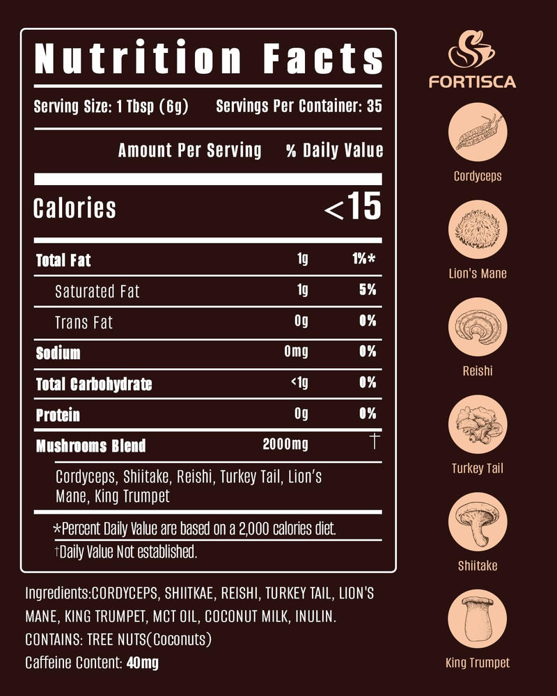 FORTISCA Mushroom Coffee (7.41oz / 210g) – 6-in-1 Instant Coffee with Lion's Mane, Cordyceps, Reishi, Shiitake, Turkey Tail & King Trumpet for Energy, Focus & Immune Support