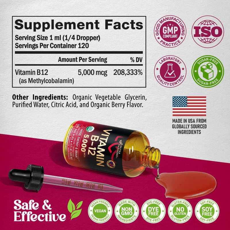 USDA Organic Vitamin B12 Sublingual Drops – 5000 mcg, 4 oz, 4 Month Supply