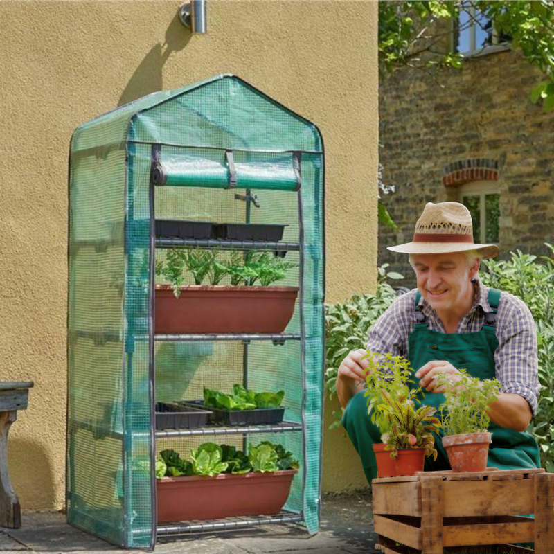4 Tier Mini Greenhouse Steel Frame Reinforced PE Cover 150cm
