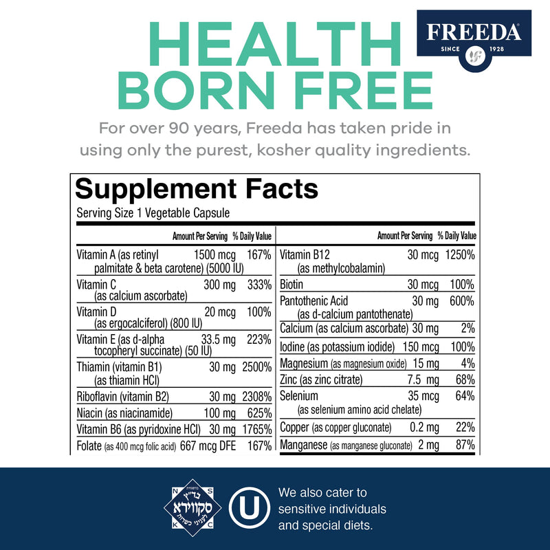 FREEDA Iron-Free Daily Multivitamin – Kosher, Gluten Free (250 Capsules)